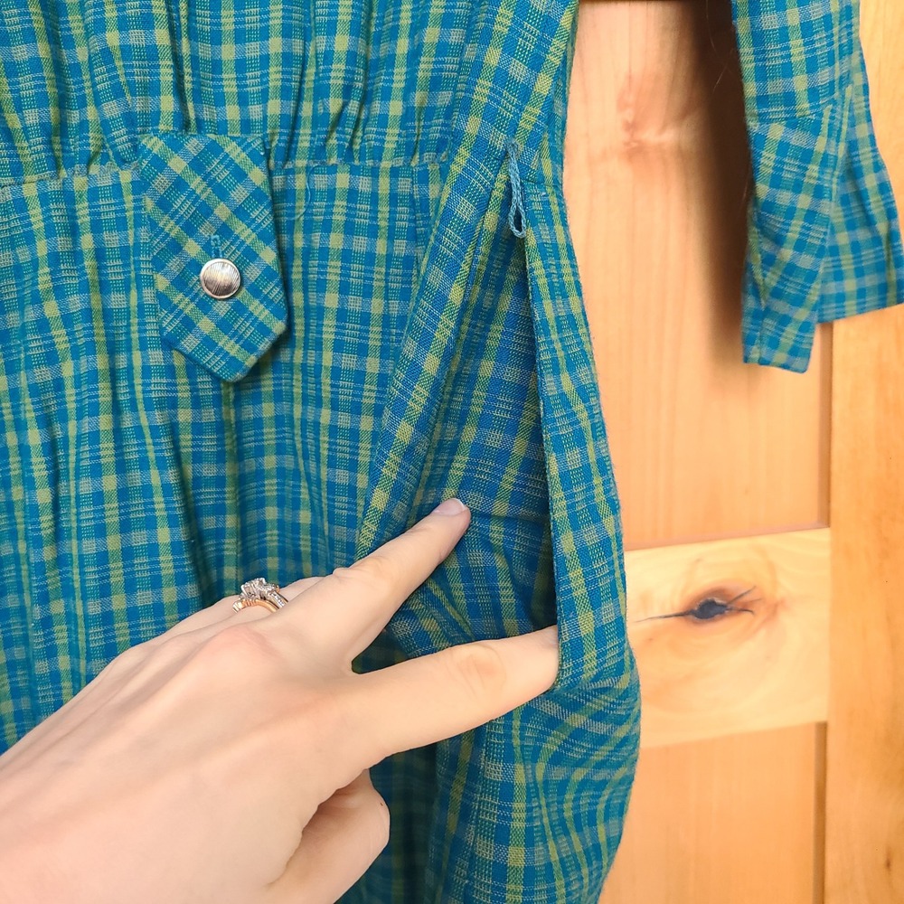 Vintage Handmade Sz L Blue Green Plaid Midi Dress Collar Cottagecore Prairie - Picture 5 of 10